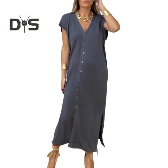 Damenkleid, Sommer, lässig, kurzärmelig, Midikleid, lockerer V-Ausschnitt, Button-Down-Hemdkleid für den Alltag, Dating, Arbeit