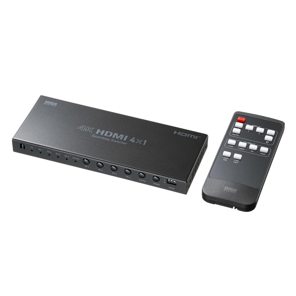 Sanwa Supply HDMI přepínač bezproblémové dálkové ovládání SW-UHD41RSL 4 vstupy, 1 výstup (kompatibilní s 4K, přepínání, v ceně)