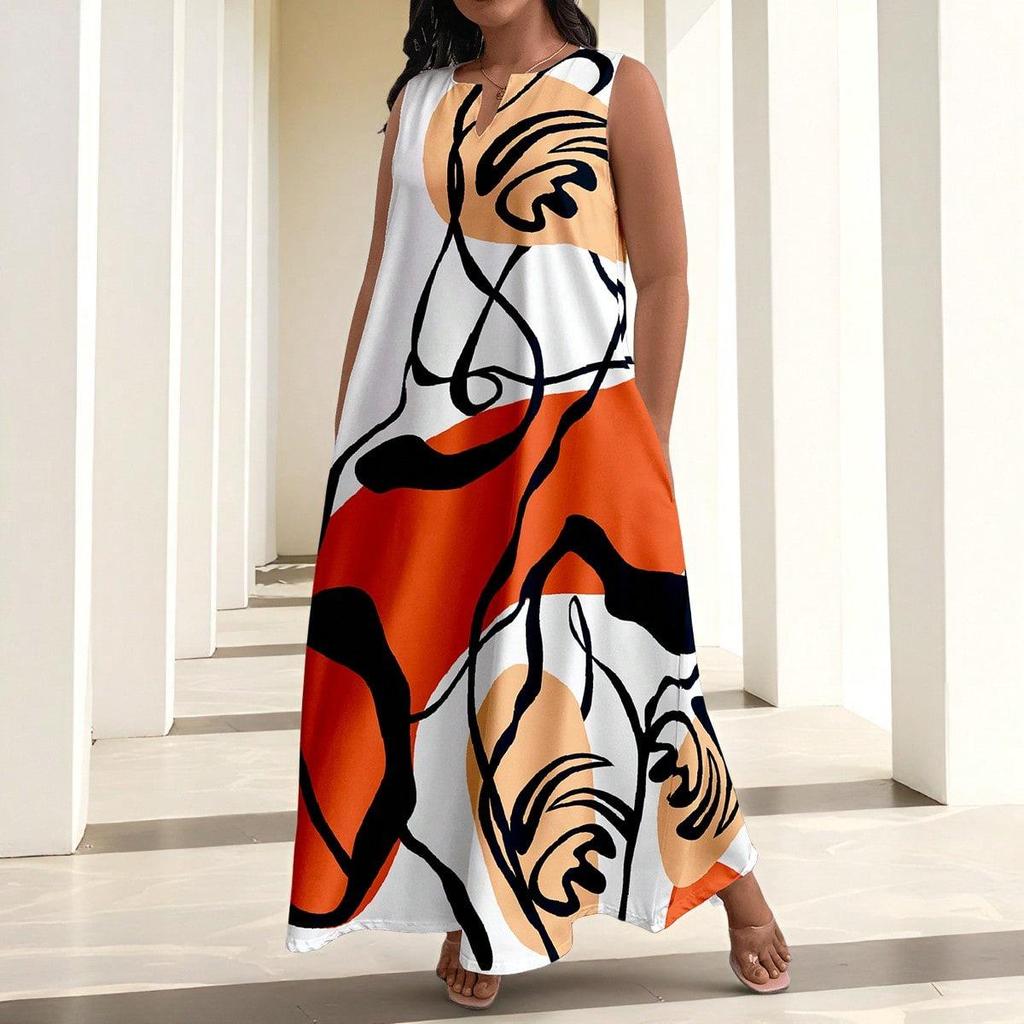 Plus Size African Impressionist Gold Leopard Sleeveless Long Dress