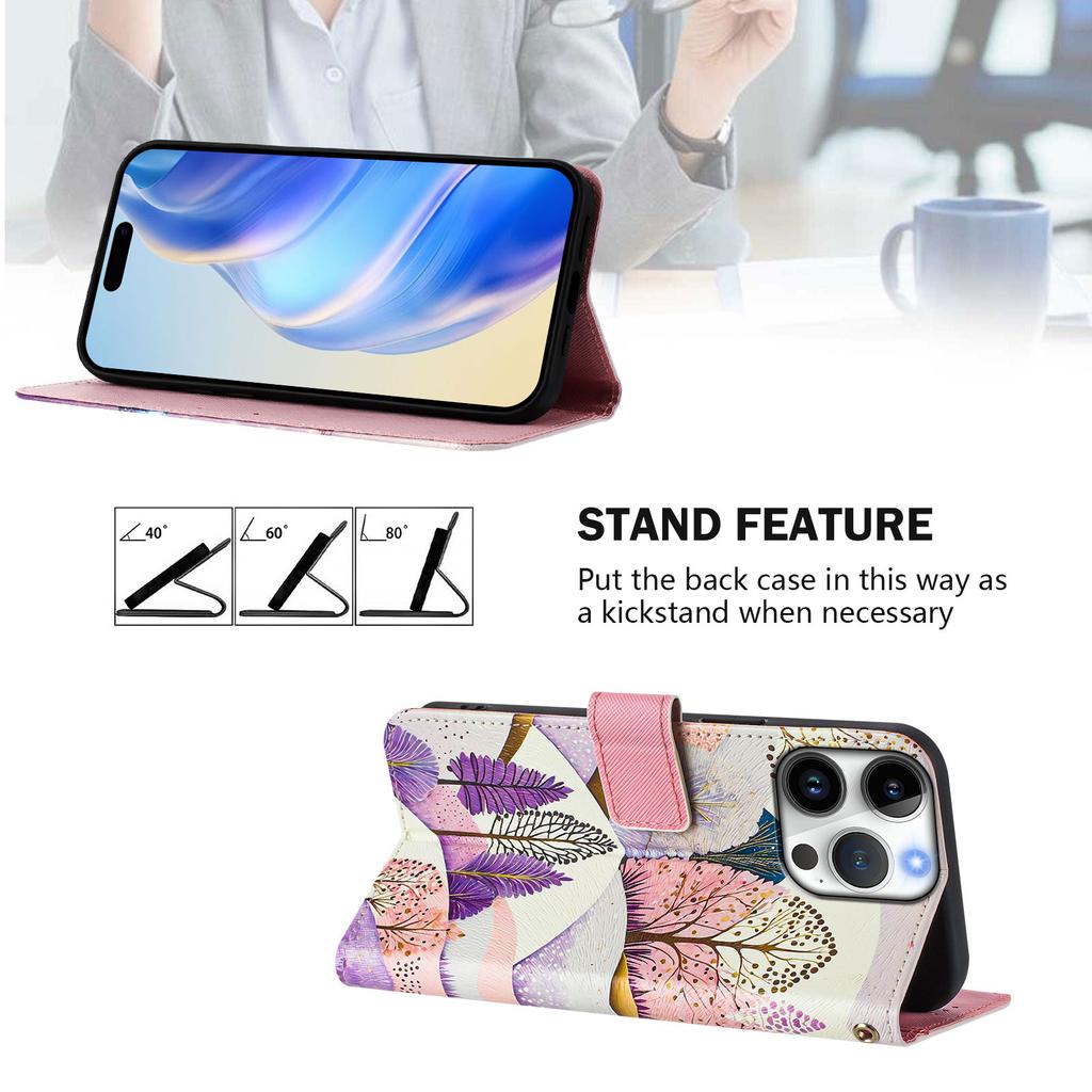 For iPhone 16 Pro Case Pattern Printing Wallet Phone Cover with Strap
