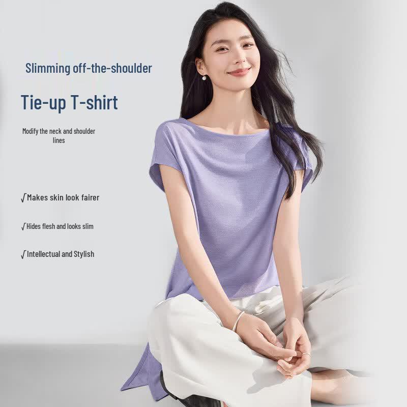 IHIMI One-Shoulder Tie-Detail Short Sleeve T-Shirt M