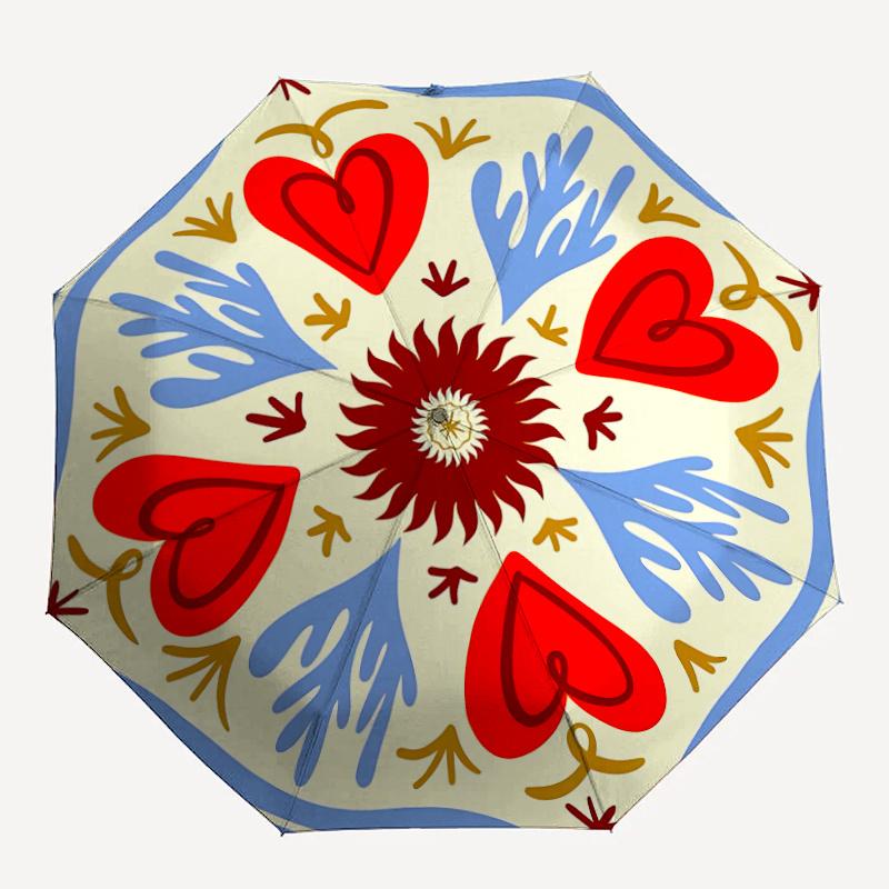 1pc Mandala, Hearts Automatic Folding Umbrella - Compact 8-Rib Design, Durable Plastic & Iron, Festive Gift, Compact Umbrellan009