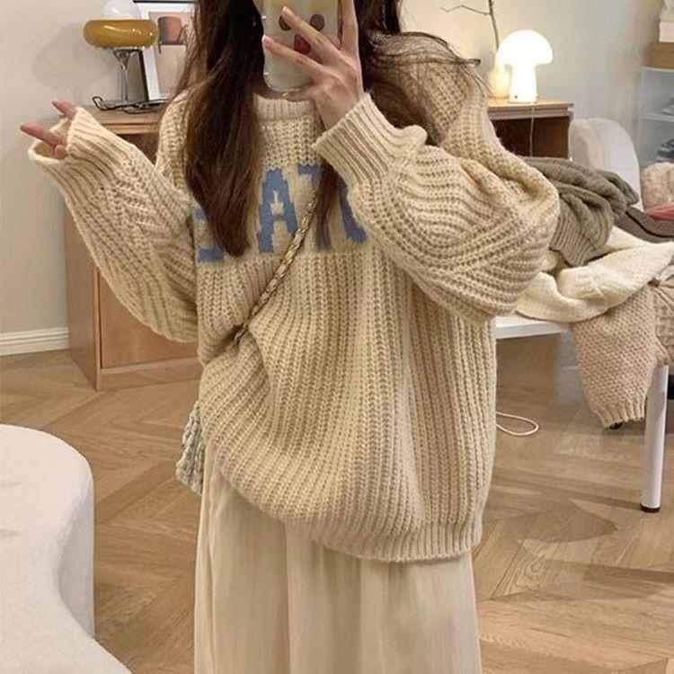 

Women s Lazy Style Letter Pullover Sweater Autumn Winter High-End Soft Style Chunky Knit Top Sweet Thickened S