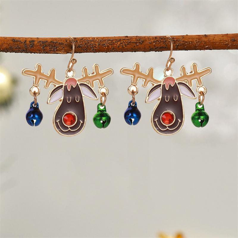 Funny Elk Bells Pendant Earrings for Women Simple Rhinestone Red Heart Christmas Tree Earrings New Year Party Jewelry Gifts