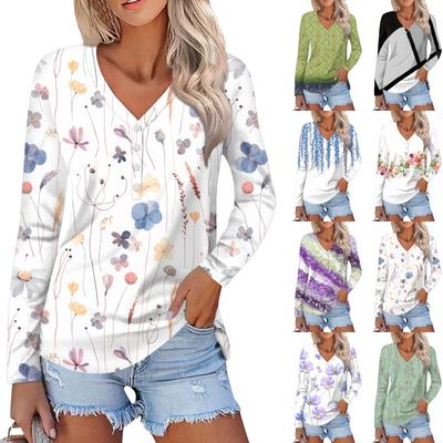 Women's Fashion Casual Long Sleeve Floral Print V-Neck Button Top
