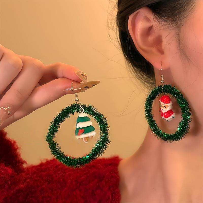 Silver needle red bow snowflake Christmas tree earrings European and American temperament earrings New Year's Christmas earrings women