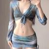 Ink Splatter Tie-Dye Four-Piece Swimsuit Set: Long Sleeve Bikini with Chest Pads for Vacation