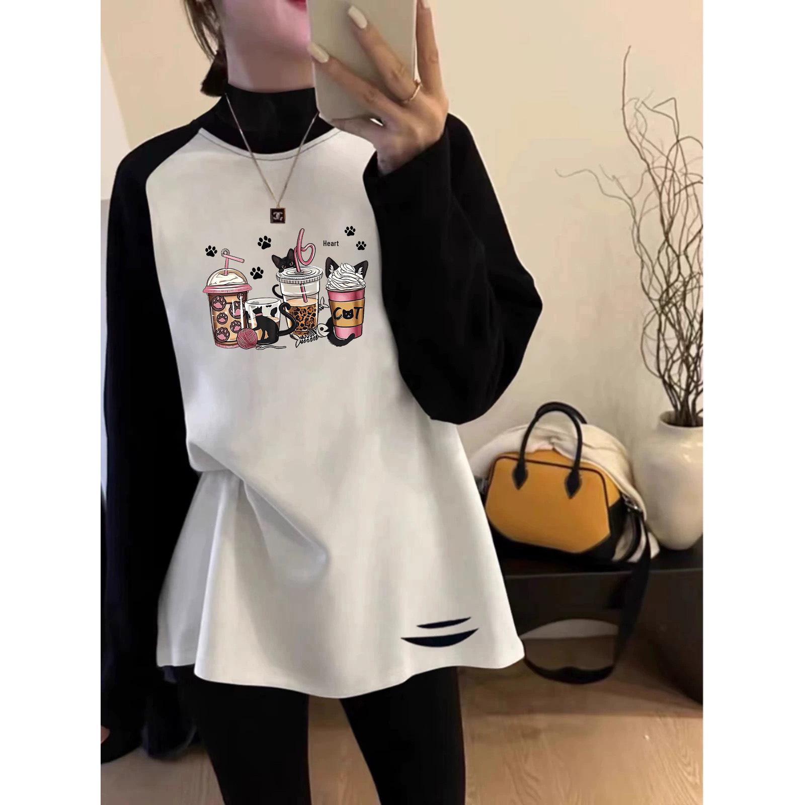 

Бархатный теплый женский свободный топ с длинным рукавом реглан и полувысоким воротником, в стиле колор-блок. S