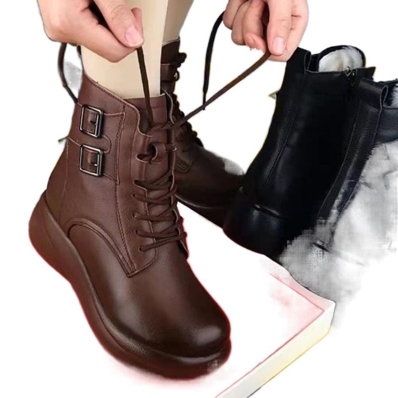 2025 Winter Straps and Velvet British Style New High-top Temperament Slim Flat-bottomed Round Head Medium Heel Short Boots