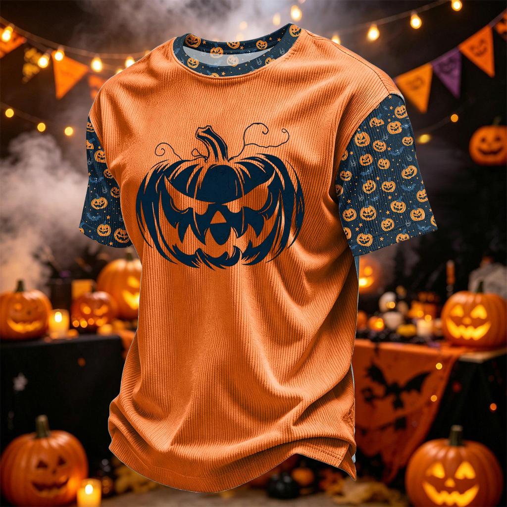Herren Kord-Rundhals Leicht Atmungsaktiv Kurzarm Oberteil Halloween-Druck Kürbis Grafik Buchstaben oder Süßes Design Freizeithemd
