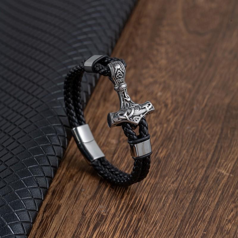 Stainless Steel Braided Leather Mens Bracelet Viking Style Geometric Design Retro Fashion Accessory
