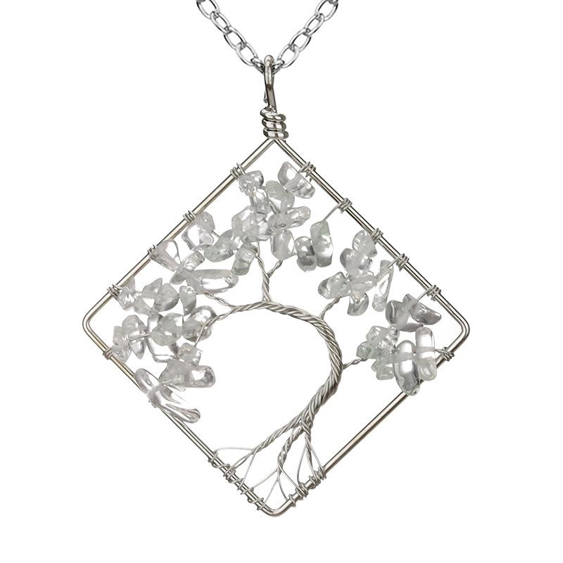 Wrapped Colorful Natural Stone Crystal Square Curved Tree Of Life Pendant Necklace N08 Fresh And Sweet
