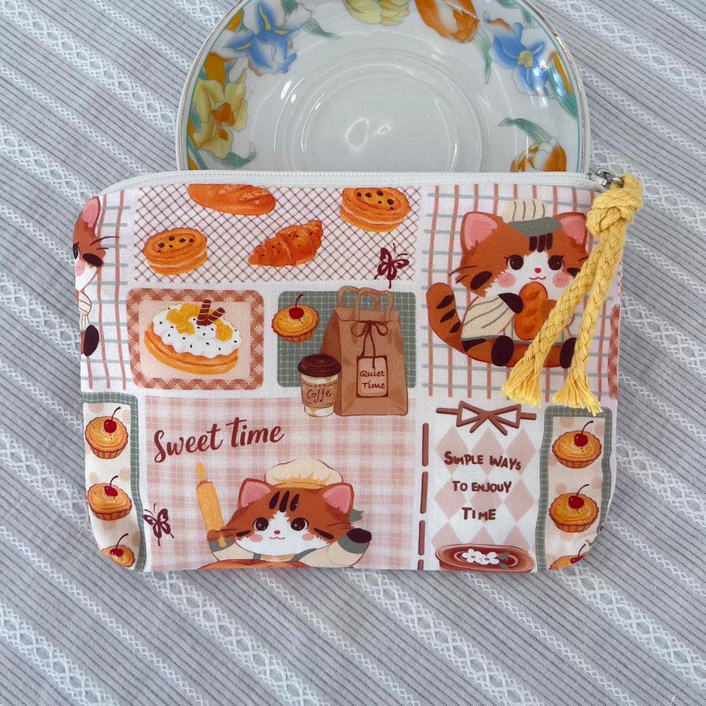 Adorable Blue Cartoon Makeup Bag: Mini Pure Cotton Coin and Earphone Pouch, Lipstick Carrier, Portable Storage.