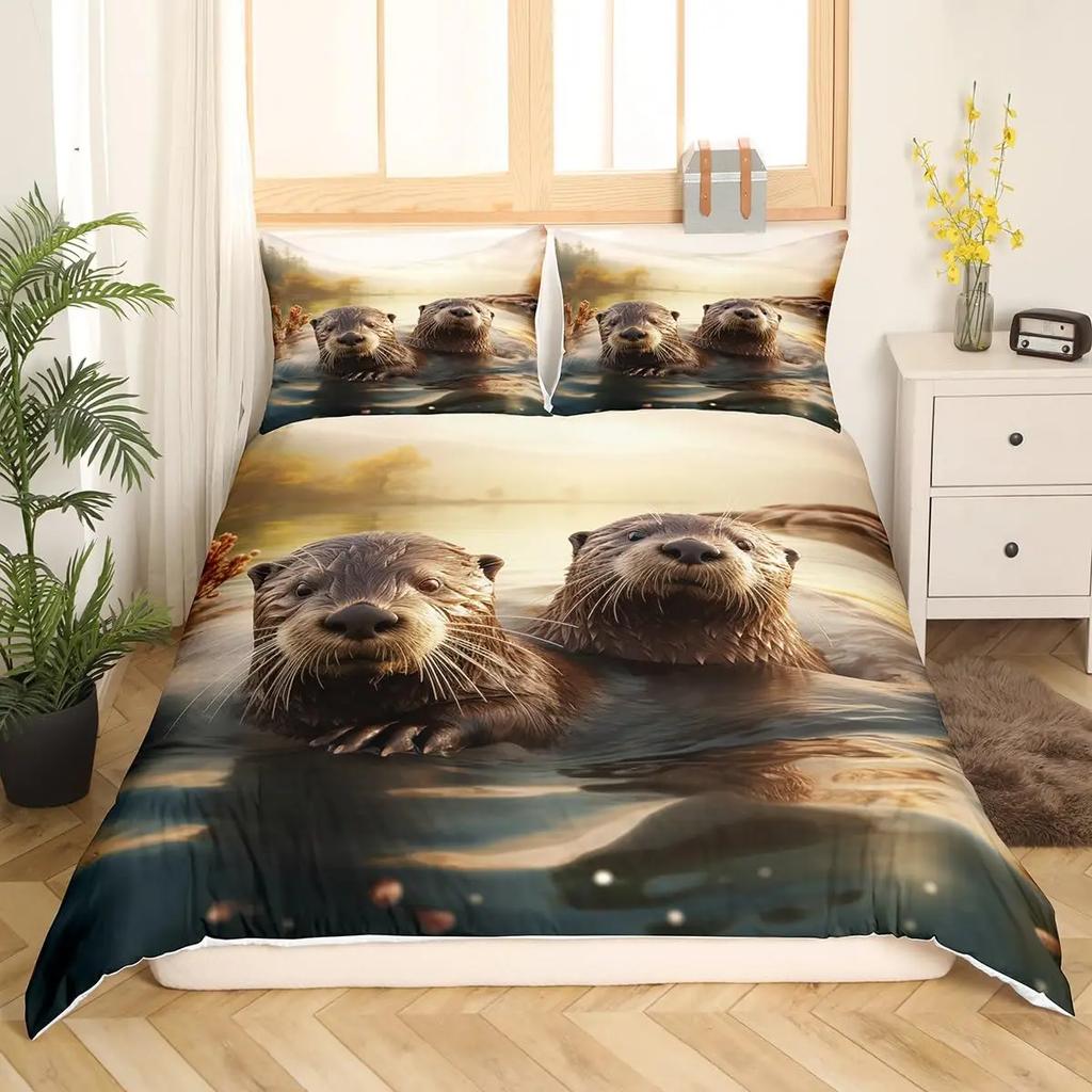 Cute Cartoon Animal Print Comforter Cover Sets Sea Otter Duvet Cover Set Ocean Creature Otter Toddler Soft Polyester Bedding Set
