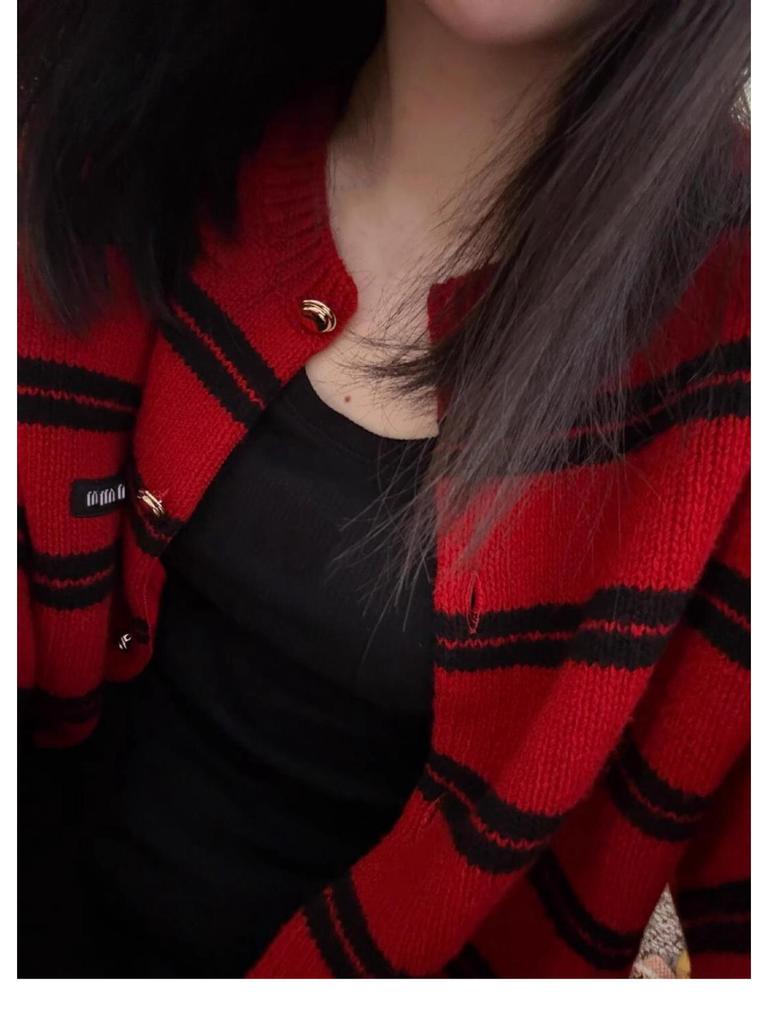 MIU Czerwony Pasiasty Dzianinowy Kardigan Damski - Patch z Listem Świątecznym Luźny Top Jesienno-Zimowy