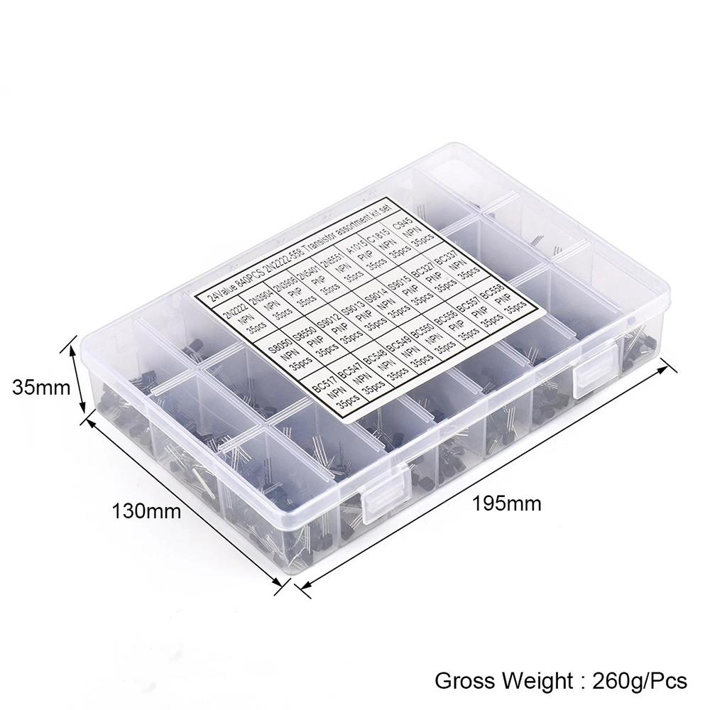 840Pcs Box 24Values TO 92 Transistor Assortment Kit BC327 BC337 BC547 2N2222 3904 3906 C945 S8050 S9014 PNP NPN