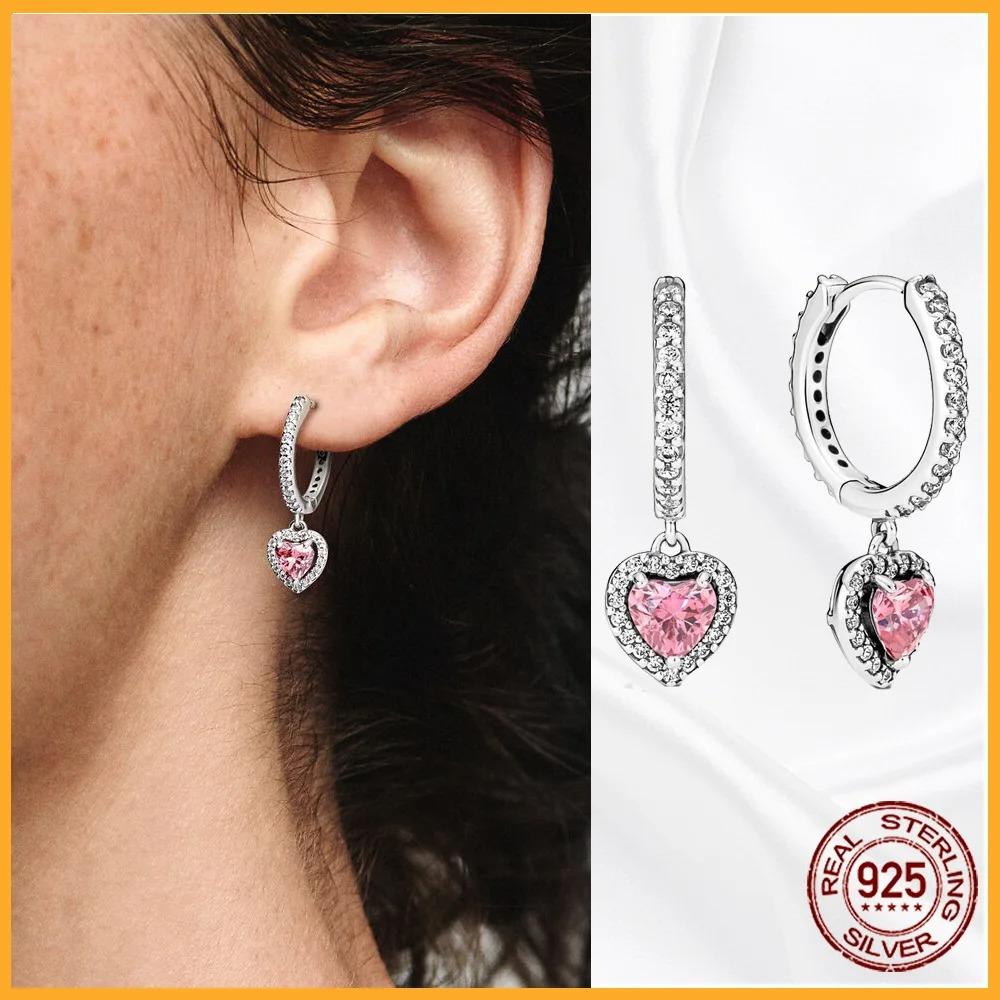 925 Silver Heart Hoop Earrings Sparkling Original Jewelry Gift for Women