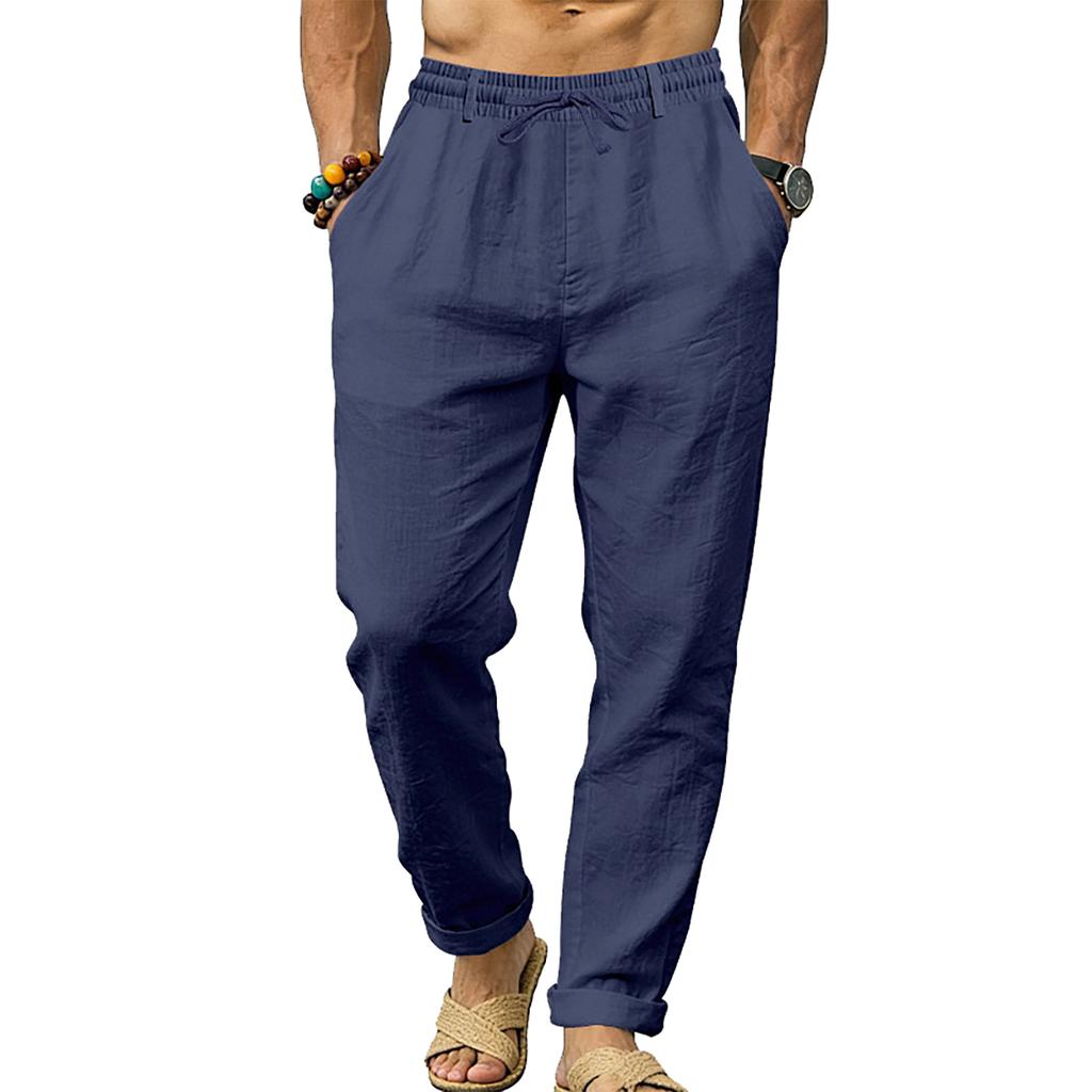 Men's Linen  Loose Fit For Sports  Ideal For Vacation And Commuting  Straight Leg With Drawstring  Long Pants