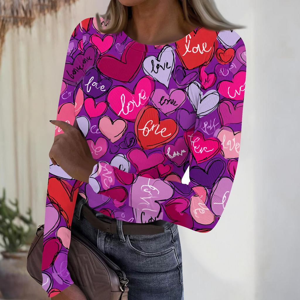 Haut côtelé décontracté et tendance pour femme, à col rond et manches longues, avec imprimé Saint-Valentin.
