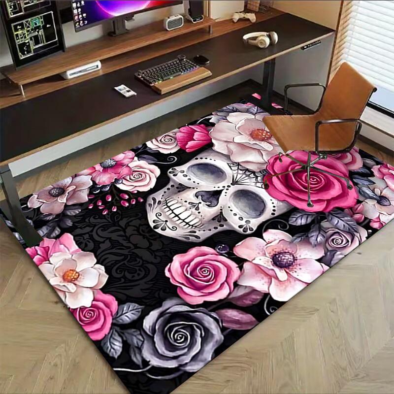 1PC Skull and Flowers Flannel Blanket Carpet Ultra Soft, Thick & Absorbent, Non Slip Machine Washable Mat for Entryway