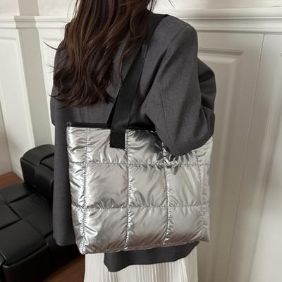 Yousheng Pufferová taška Tote Bag Dámská prošívaná taška přes rameno Lesklá naducaná kabelka Lehká peněženka na zip do práce na cesty do posilovny na nákupy