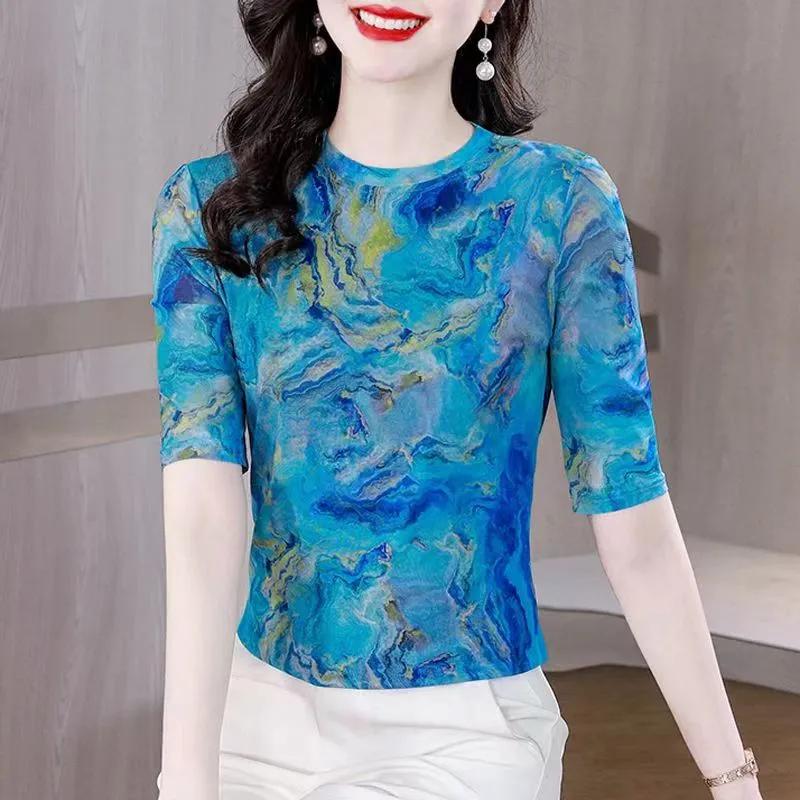 Women Blue Marble Print Half Sleeve Mesh Crew Neck Top M
