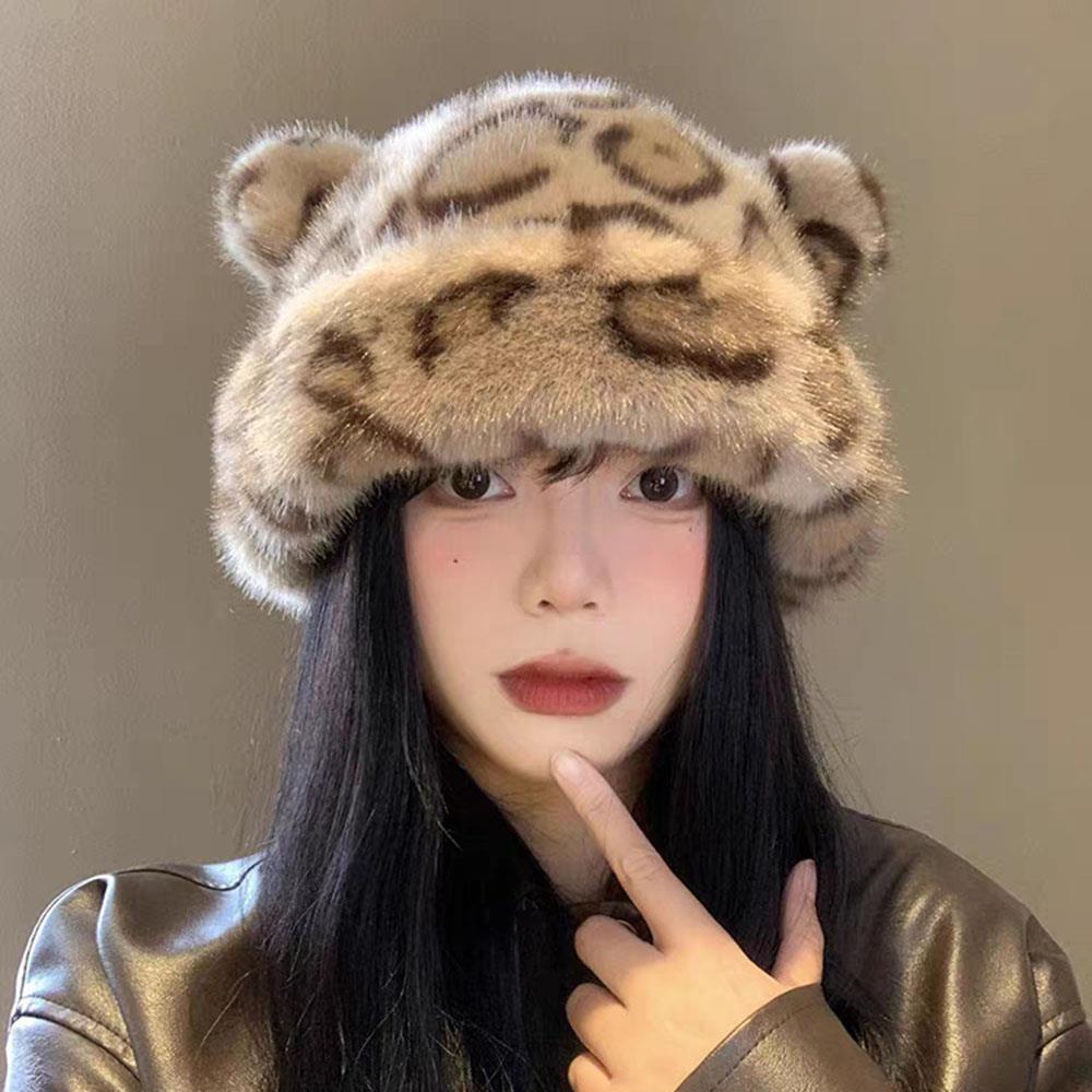 Winter Imitation Fur Hat Plush Bucket Hat Leopard Print Bear Ear Ruslan Baginsky Hat Thicken Woman Bonnet Ski Cap Fisherman Hats