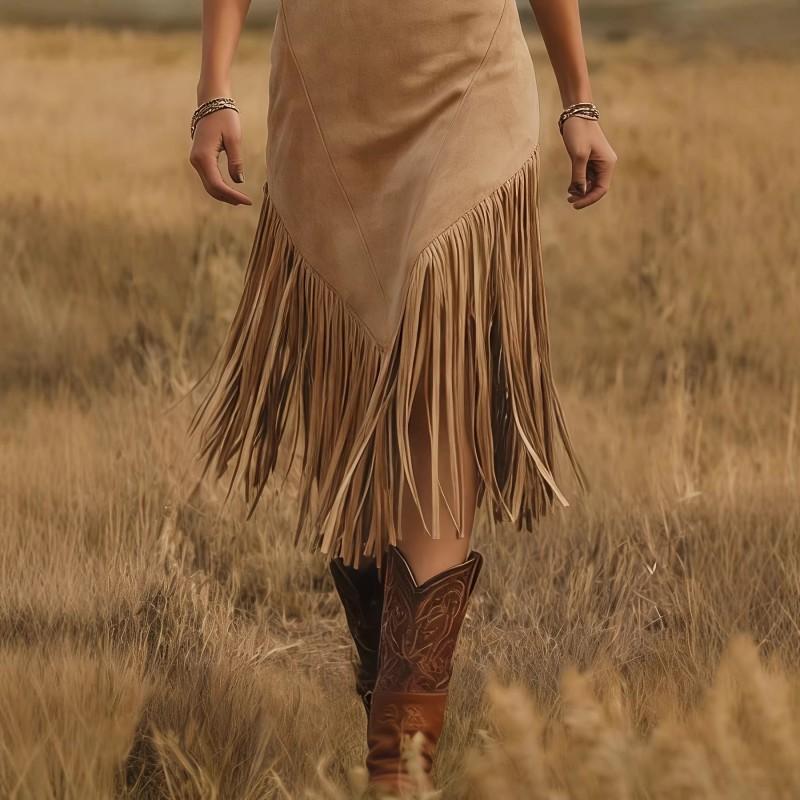 Suede Fringe Midi Dress Sleeveless Slim Fit Western Boho Style Women
