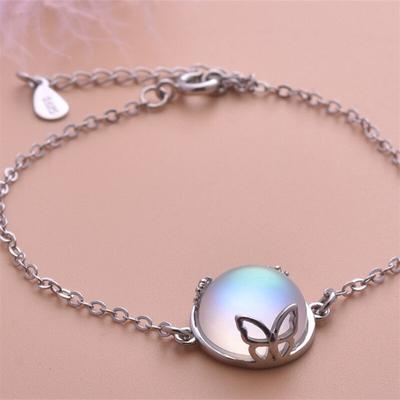 925 Sterling Silver Moonstone Round Bead Butterfly Charm Bracelets &Bangle For Women Wedding Femme Jewelry Sl362