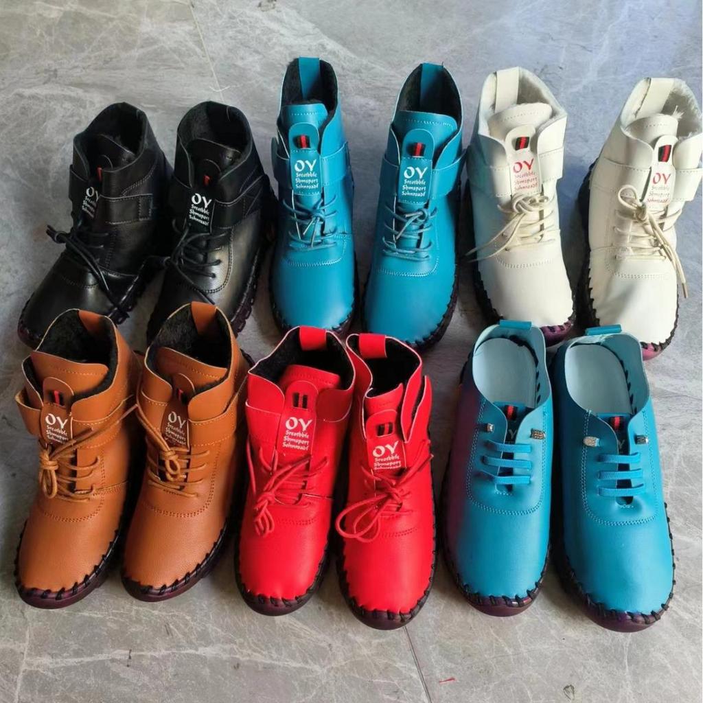 Women's Large Cotton Hand-Stitched Plush Warm Short Boots with Thick Cowhide Soles - Soft and Comfortable.