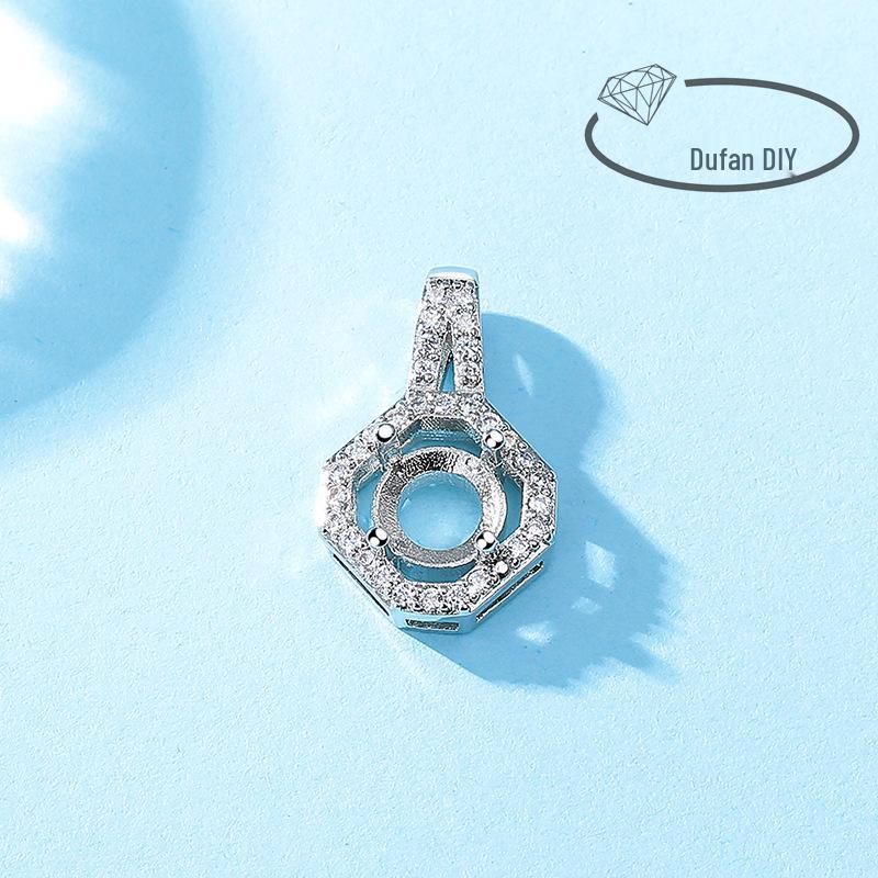 White Gold & Copper Round Pendant Base with Diamond Imitation, 925 Silver, for DIY Ice Flower Necklace.