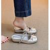 Silver bow-tie ballet shoes for women's summer wear, one-word with half slippers, inner height increase, light mouth single slippers