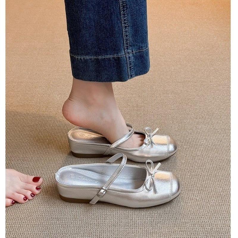 Silver bow-tie ballet shoes for women's summer wear, one-word with half slippers, inner height increase, light mouth single slippers