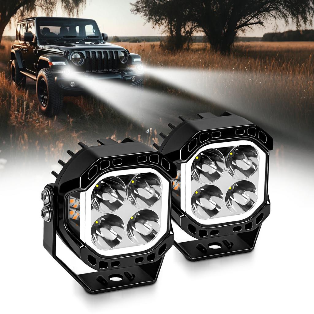 E8 1Pc 40W LED Off-Road Spotlight IP68 Waterproof Aviation Grade Aluminum Alloy Angel Eyes Car Flood Lamp