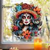 Seasonal Festive Home Decor Day of The Dead Women Static Window Stickers, Colorful Floral Woman Halloween Party Decorations Decals, Waterproof