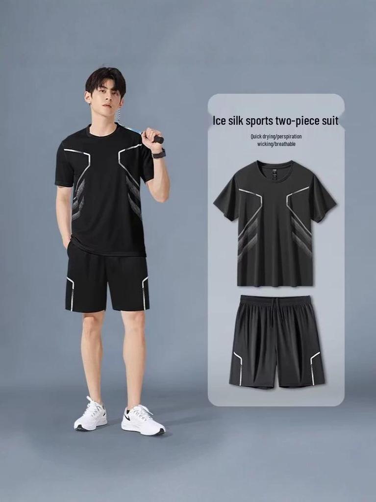 Men's Quick-Dry Ice Silk Sportswear Set: Short-Sleeved Running Top & Basketball Shorts.