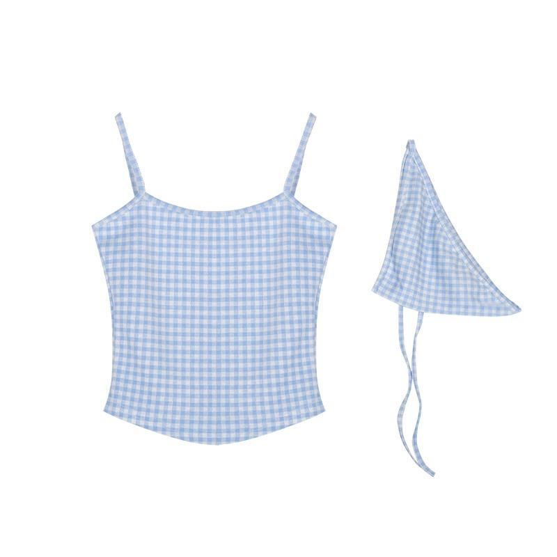 New summer women's clothing, Japanese and Korean BM Spice Girls pure desire sexy blue plaid suspender vest, crop top