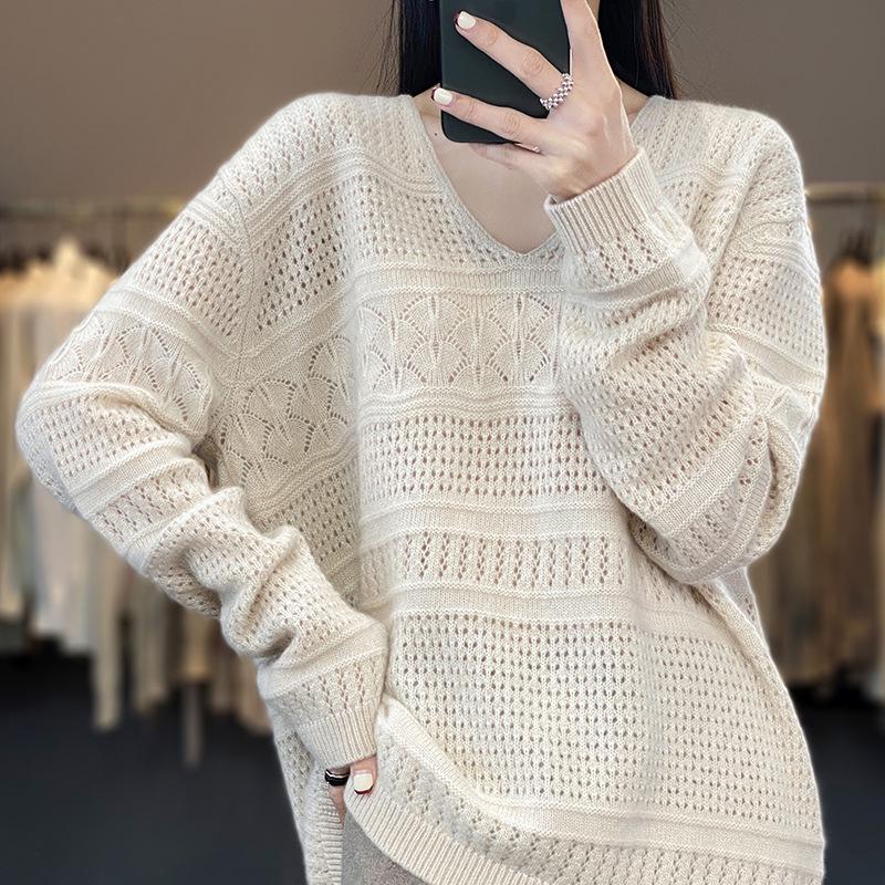 2023 Women's Pure Cashmere V-Neck Knitted Sweater: Loose, Hollow, Autumn/Winter Wool Pullover