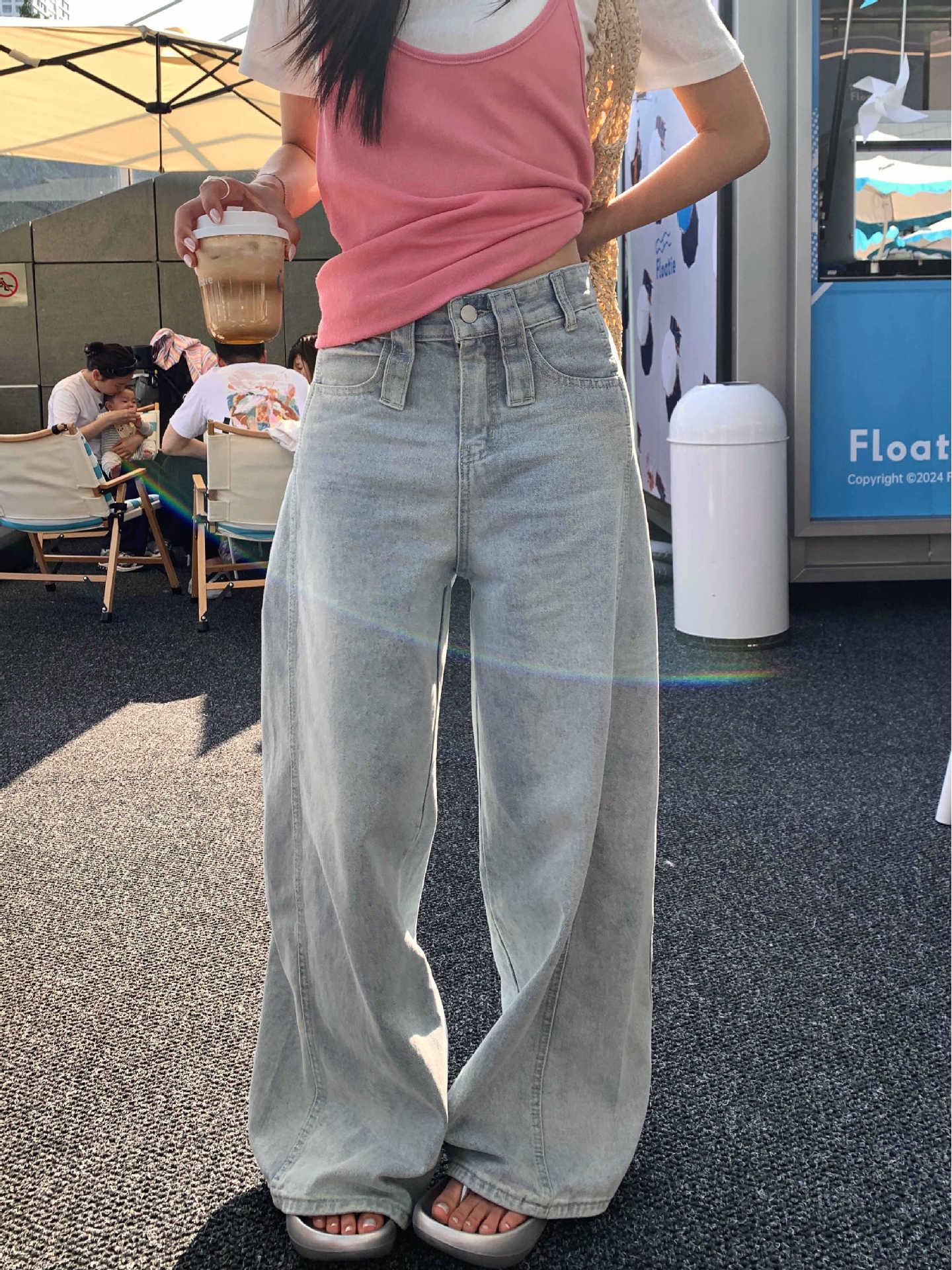 

Хуан Чжэн Женские джинсы с высокой посадкой и широкими штанинами на лето 2025 X-Large светло-синий