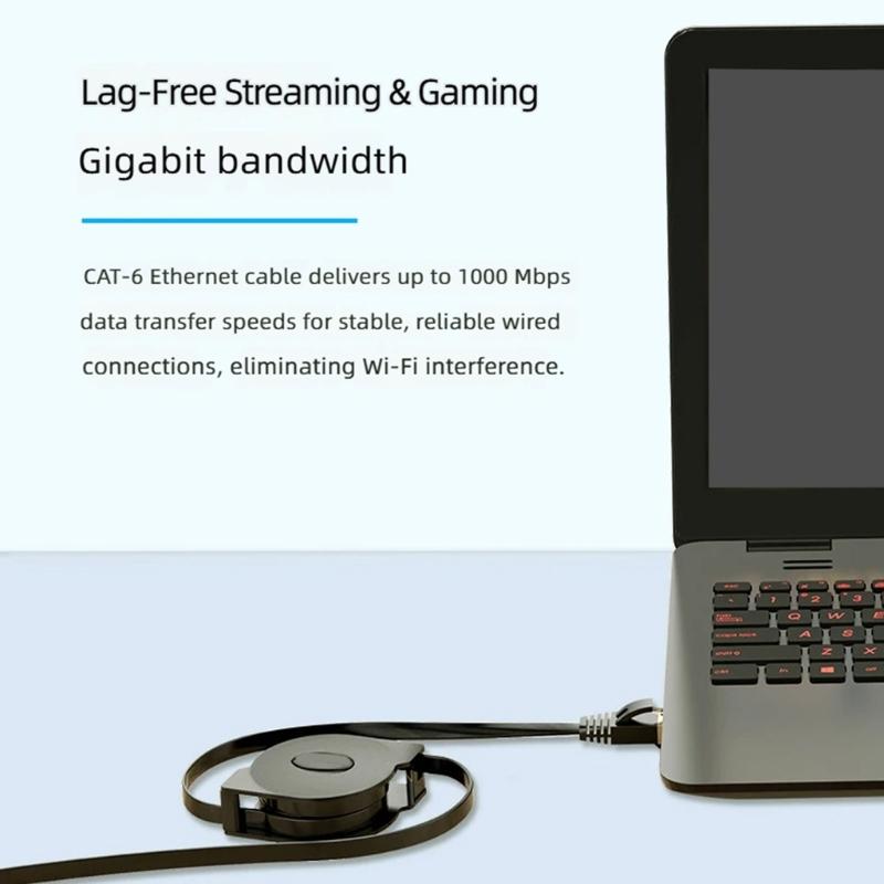 RJ45 Ethernet Cable Pull-Out CAT6 2m Gigabit Cord, Portable Flat Internet Cable for Laptop Desktop Modem Media Device and Desk Work