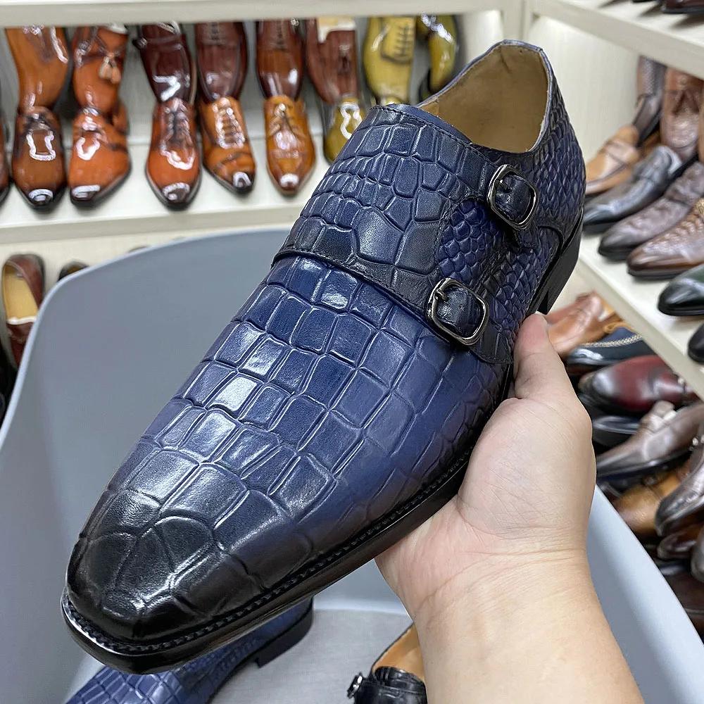 Fashion Men's Formal Shoes Genuine Cowhide Crocodile Pattern Monk Shoe Oxford Shoes Double Buckle Business Formal Shoes Size 38-47
