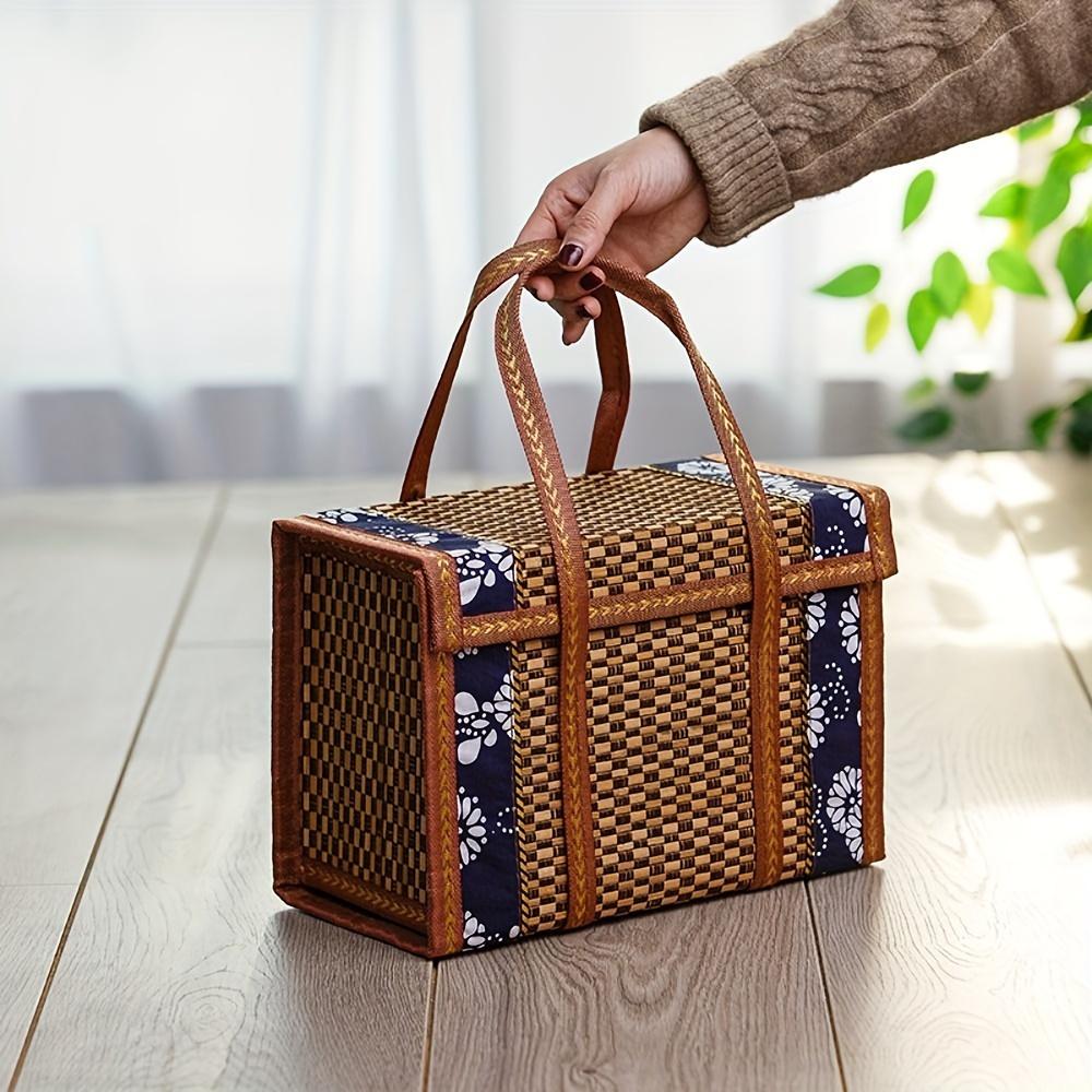 Bamboo Basket Natural -Friendly Woven Basket Bamboo Picnic Basket with Lid Handheld Snacks Bread Storage Basket