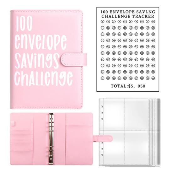 100 Envelope Savings Challenge Kit PU Binder with Numbered Pockets And Progress Trackers A5 Budget Planner for Couples Individuals