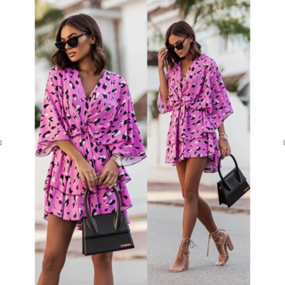 Damska Falbaniasta Sukienka na Imprezę Plażową Vestidos Kobiety Seksowne Mini Sukienki z Dekoltem V Letnie Boho Codzienne Sukienki z Kwiatowym Wzorem i Rękawami Nietoperzowymi