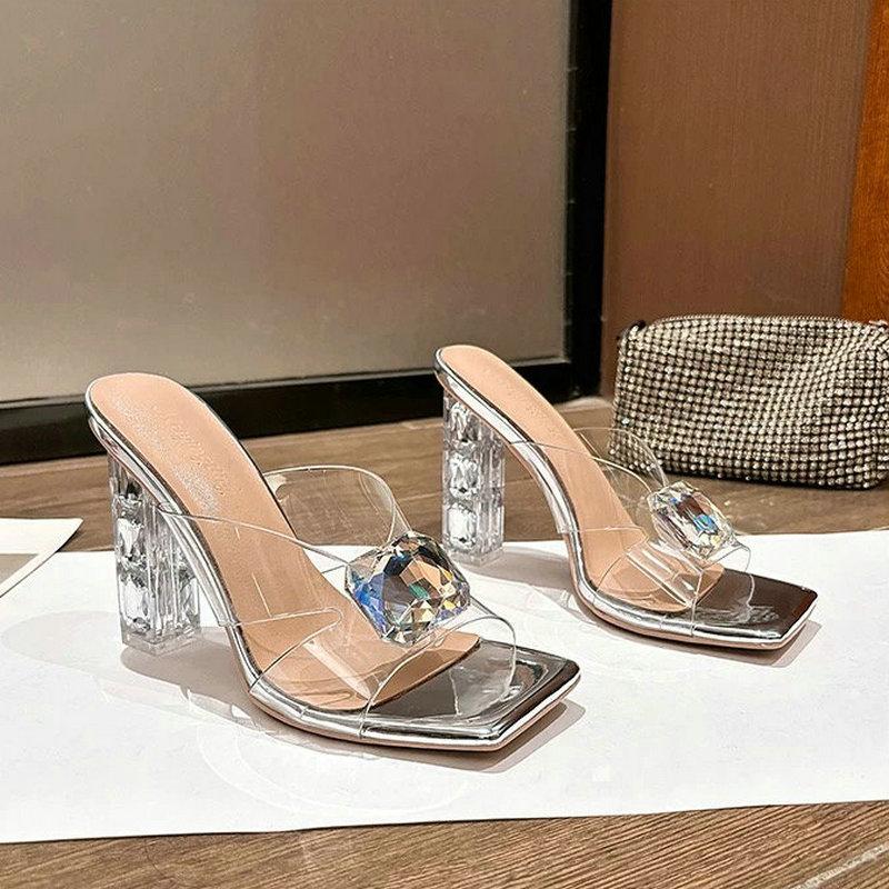 Fashion Transparent One-Line Water Diamond Flip-Flops For Women, 2025 Summer New Thick-Heeled Crystal Shoes, Sexy High-Heeled Sandals