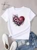 Unisex T-shirt z nadrukiem serca i kwiatów, letnia odzież unisex, okrągły dekolt, krótki rękaw, topy, koszulki, estetyczne ubrania