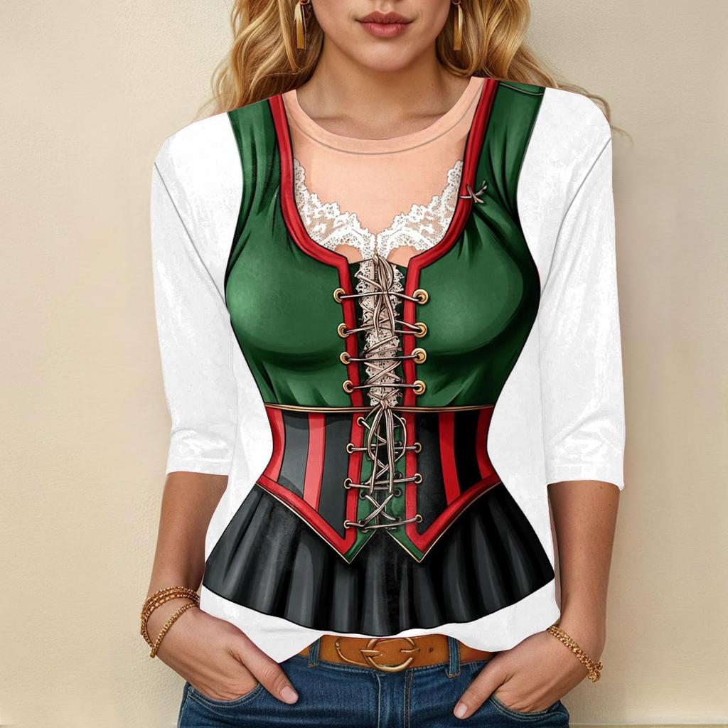Damen Casual 3/4 Ärmel Oktoberfest Print Oberteil Rundhals Leichte Bluse für den Alltag und Saisonale Veranstaltungen