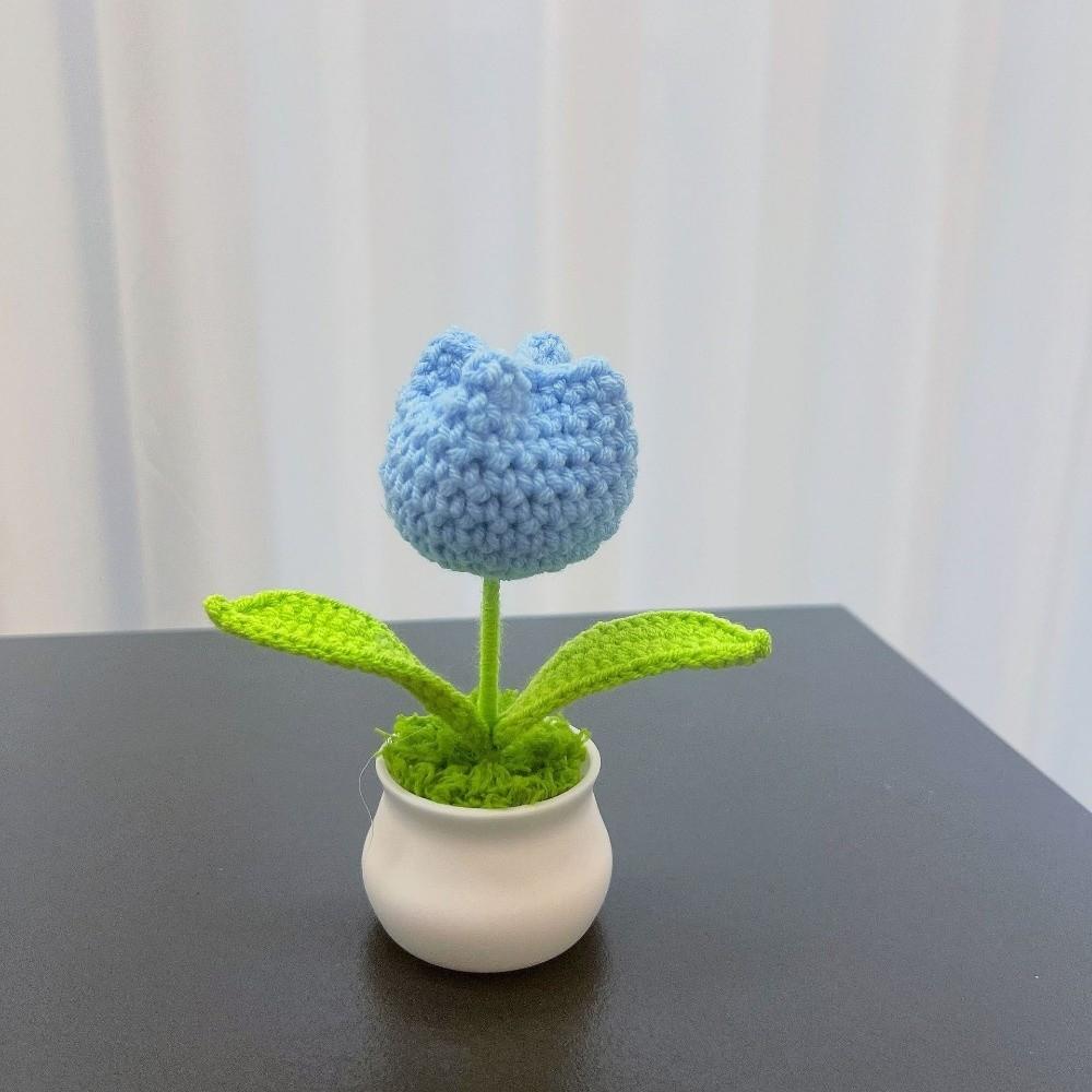 DIY Handmade Knitted Flowers Woolen Handcrafted Bonsai New Tulips Crochet Flower Potted  Home Decor