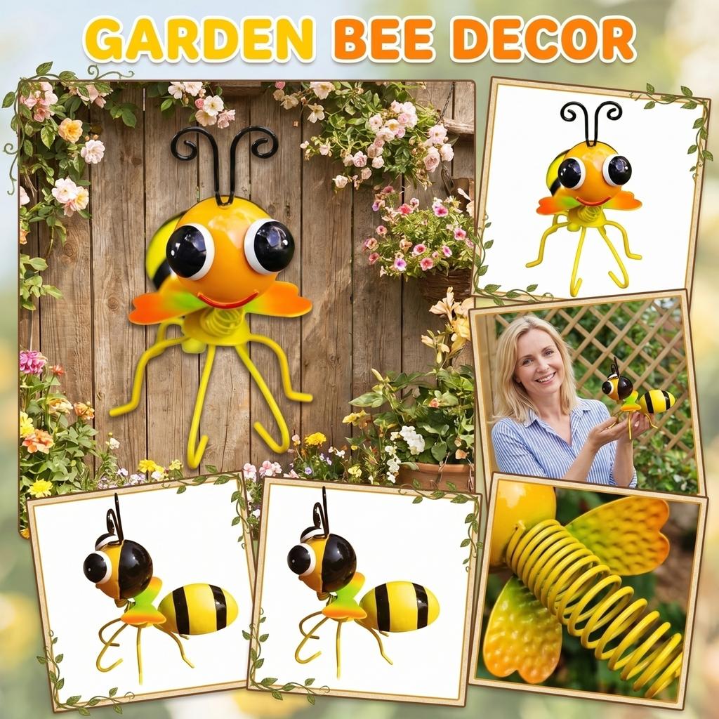 Metal Bee Garden Ornament Decorative Outdoor Sculpture for Yard Patio Lawn Art Figurine with Hand Painted Details and Curved Antennae