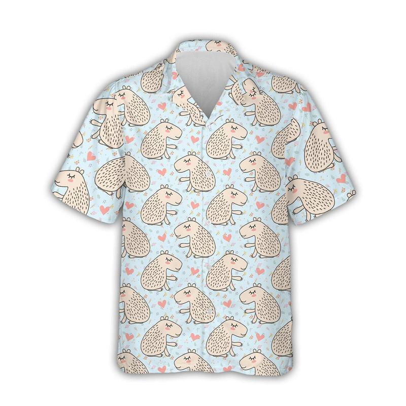 2024 Kawaii Capybara Graphic Shirts For Men Clothing 3D Print Hawaiian Beach Shirt Short Sleeve Y2k Cute Kids Tops Lapel Blouse
